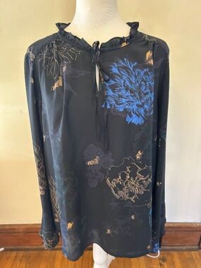 Carolina Belle Black Floral Long-Sleeve Ruffle Tie Blouse Size L EUC